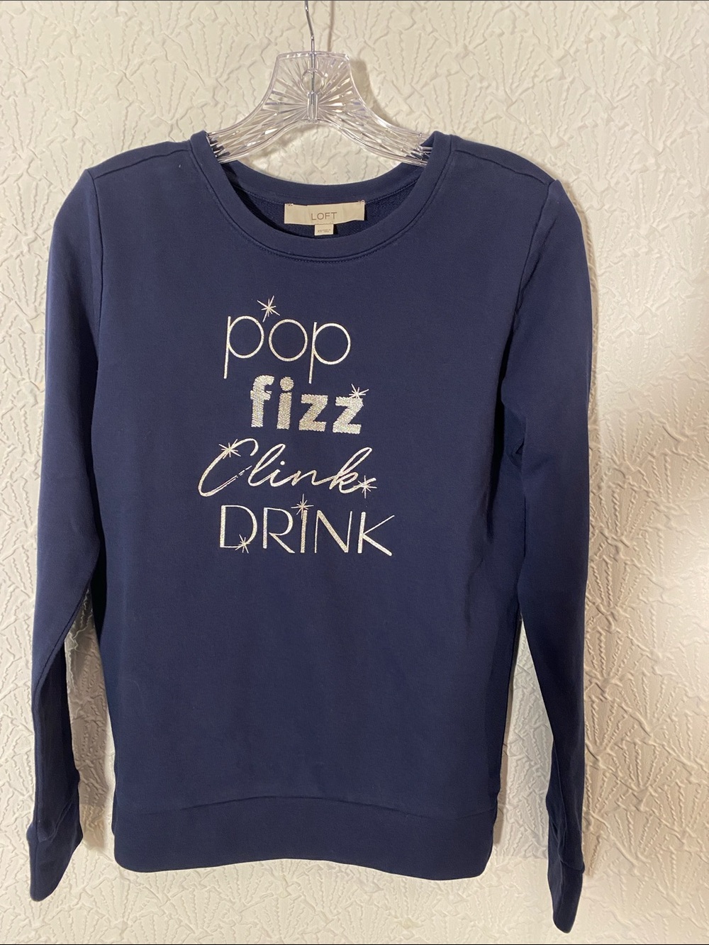 LOFT Navy Sweatshirt with Silver 'Pop Fizz Clink Drink' Graphic size XS feminine